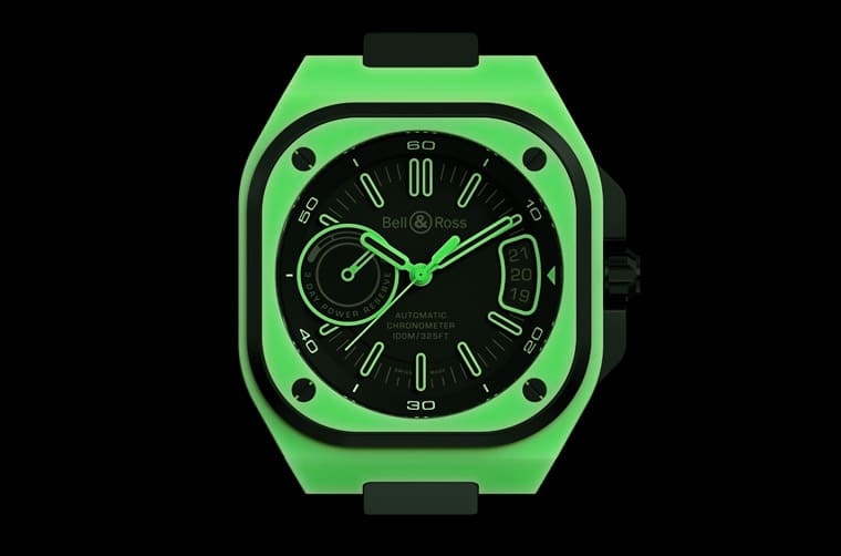 柏萊士夜光系列BR-X5 Green Lum再進化整枚表殼都會發出綠光-復刻表